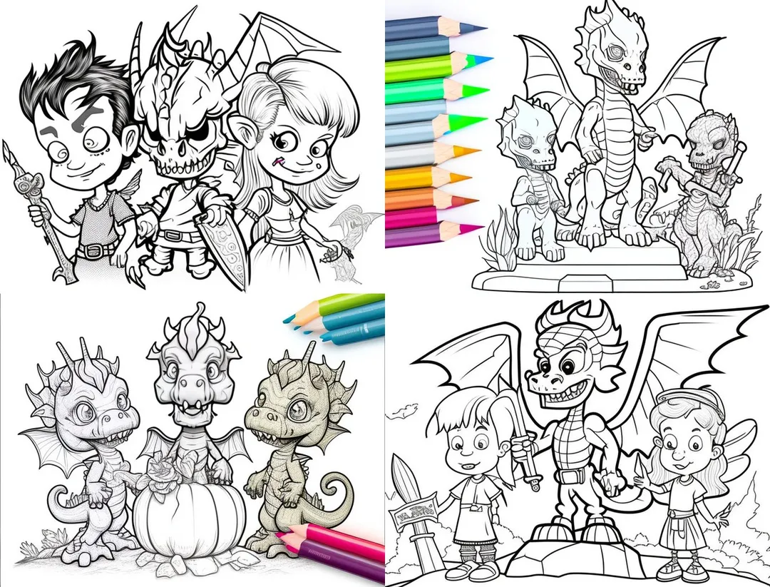 Four-panel fantasy character line art coloring page, AI generated