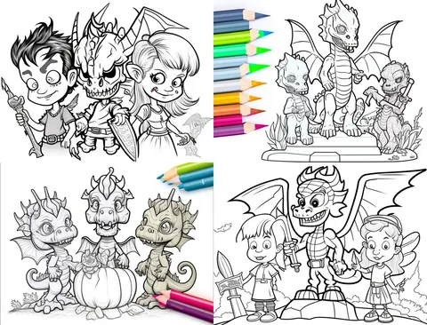 Four-panel fantasy character line art coloring page, AI generated