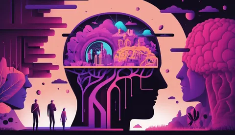 Surreal illustration of brain cross-section with purple city and neural roots, AI generated