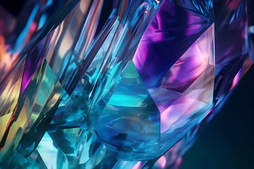 Close-up of iridescent cyan and purple crystal facets, AI generated