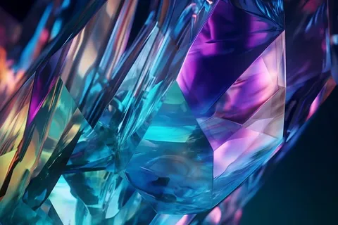 Close-up of iridescent cyan and purple crystal facets, AI generated