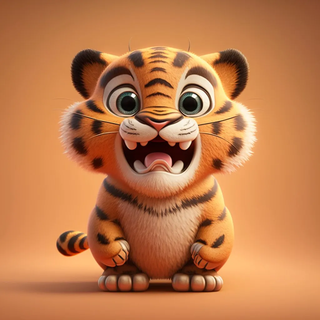 Pixar-style tiger cub sitting with excited open-mouth expression, AI generated