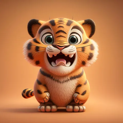 Pixar-style tiger cub sitting with excited open-mouth expression, AI generated