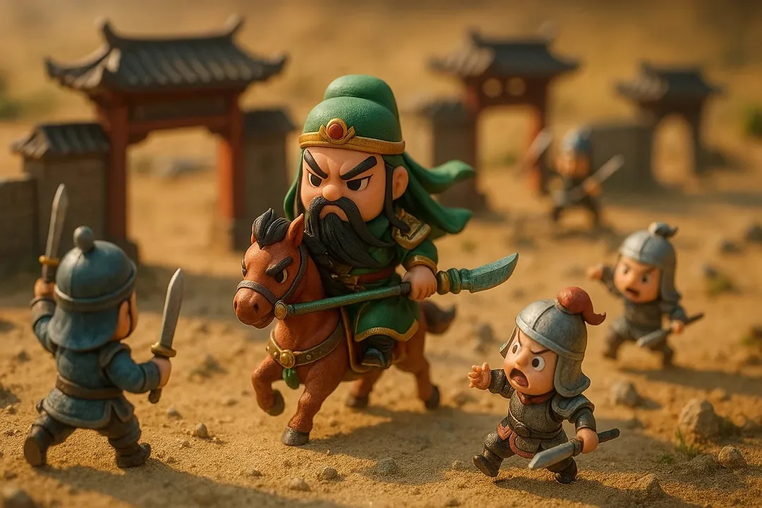 Chibi miniature scene of Guan Yu on horseback leading soldiers, generated with 通用 / 未注明