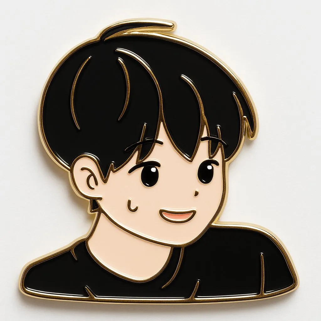 Kawaii enamel pin portrait of a boy with black hair and gold outline, generated with 通用 / 未注明