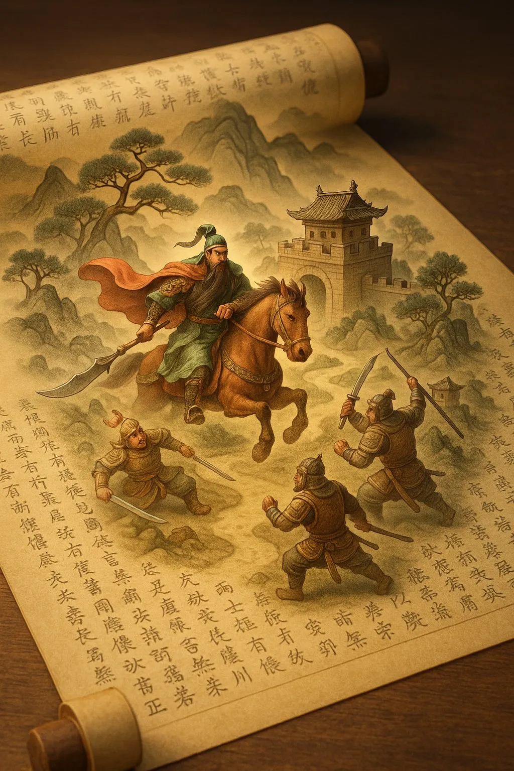 Pergamino caligráfico desplegado con escena 3D en miniatura de Guan Yu cruzando cinco pasos, con caballería y torres, generad