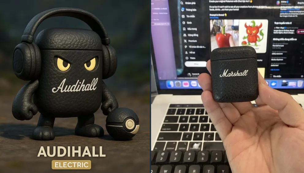 Black headphone-inspired creature full body view with yellow eyes and custom orb, labeled Audihall Electric, generated with 通