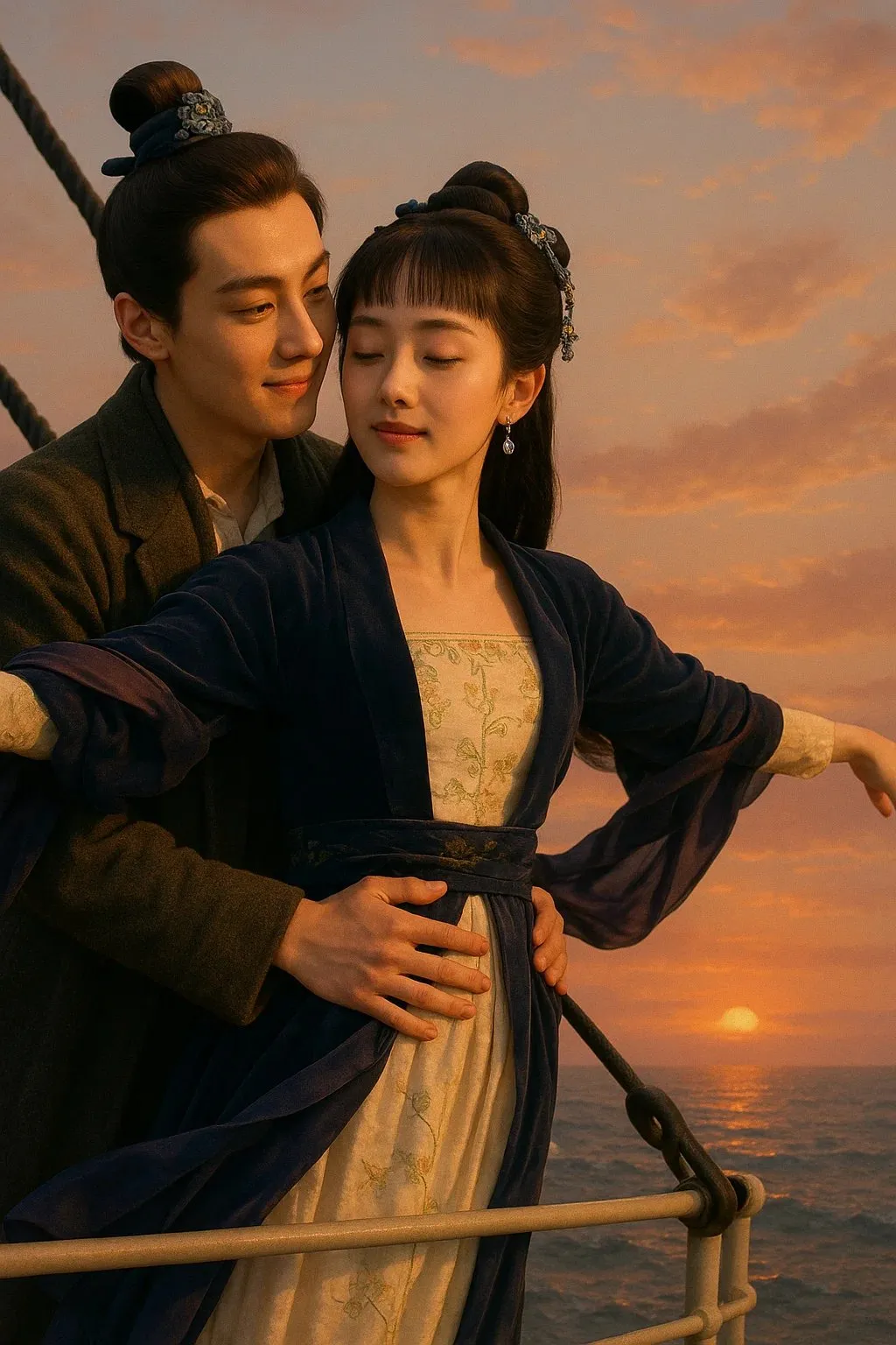 Chinese-costumed couple recreating Titanic bow embrace at sunset over the sea, generated with 通用 / 未注明