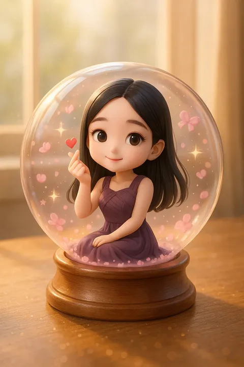 Q-version girl figurine making heart gesture inside crystal snow globe with pink petals, generated with 通用 / 未注明