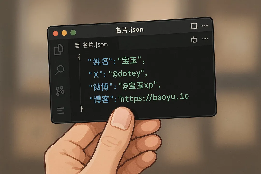 Hand holding a VS Code themed JSON business card, generated with 通用 / 未注明