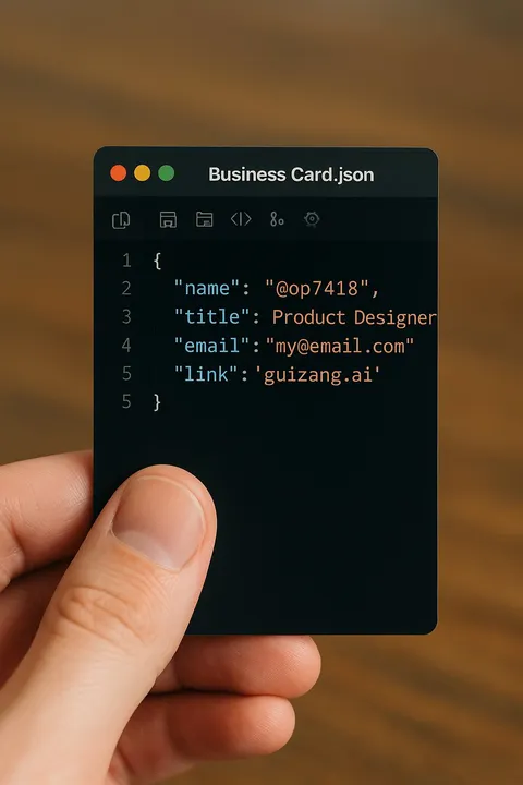 Hand holding iPhone showing JSON business card code, AI generated