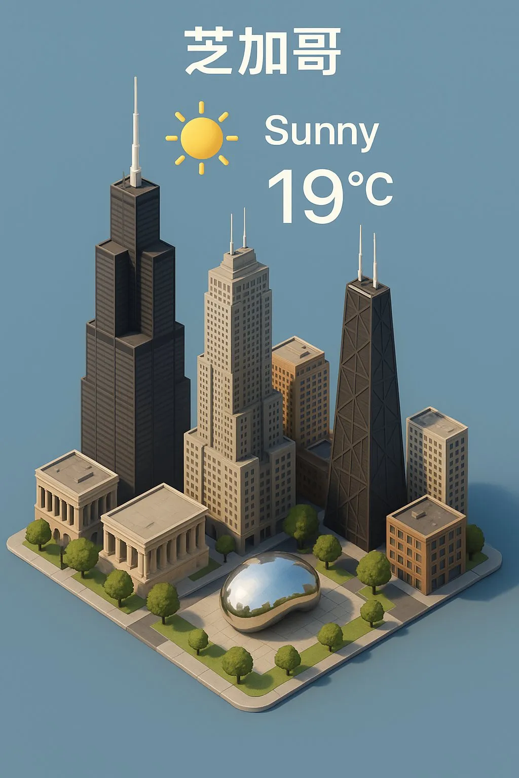 3D isometric Chicago weather illustration showing sunny 19°C, generated with 通用 / 未注明
