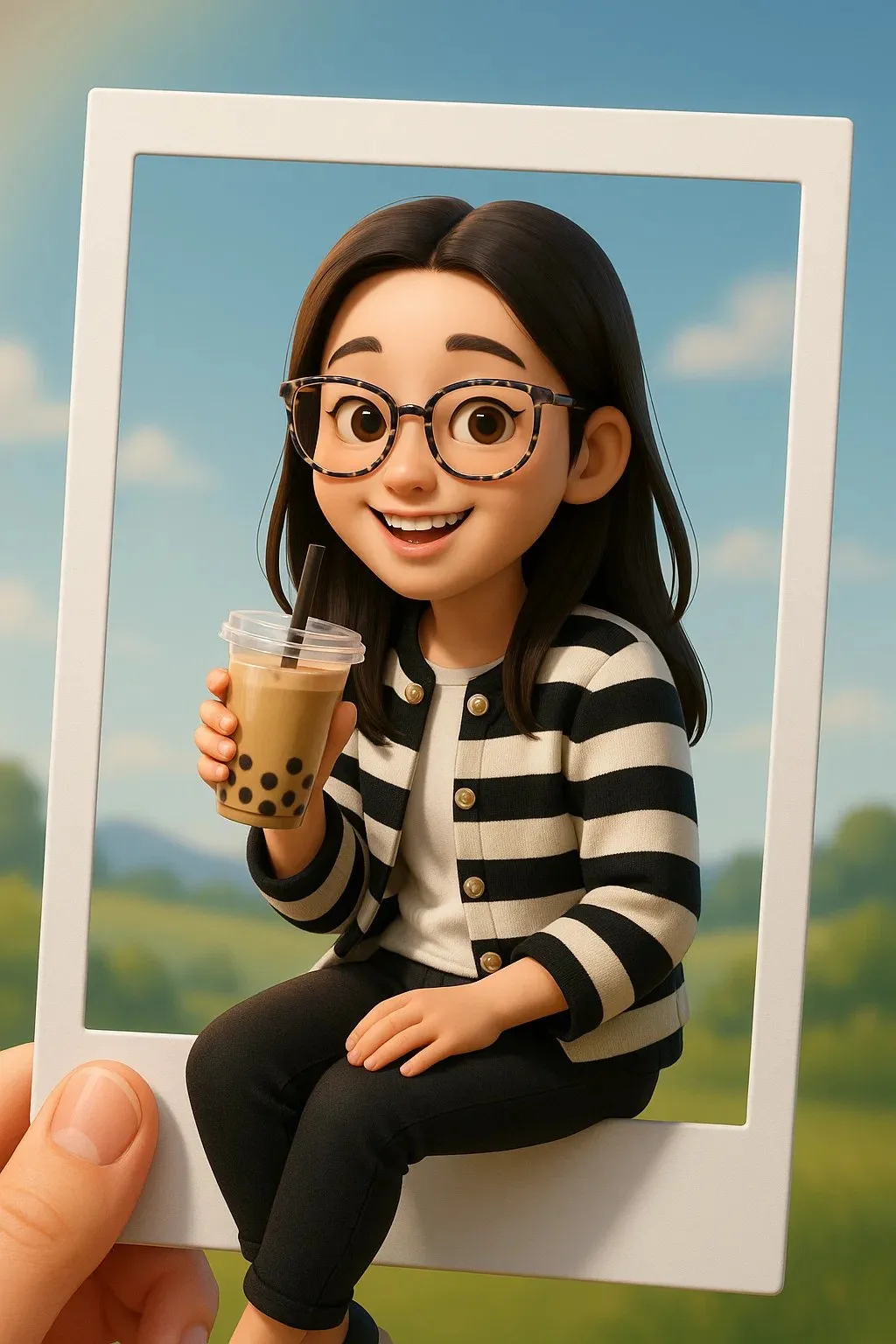 Young female cartoon character sitting on Polaroid frame edge holding bubble tea, generated with 通用 / 未注明