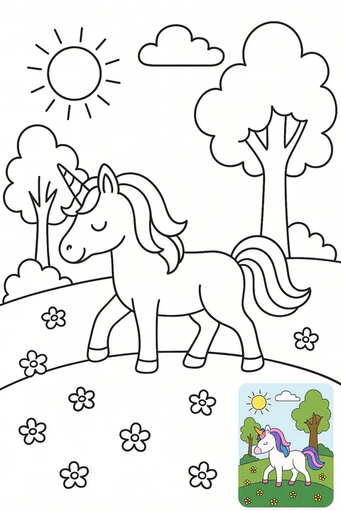 Black-and-white line art of a unicorn walking in a meadow with sun and trees, small colored reference in bottom right, genera