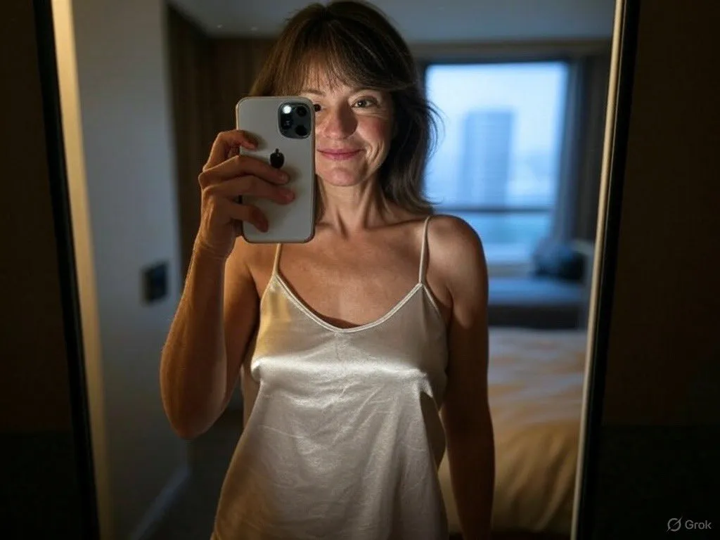 Middle-aged woman taking mirror selfie in hotel, wearing beige slip dress, generated with 通用 / 未注明