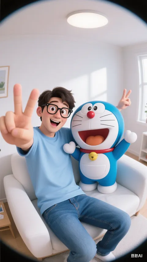 Man with glasses taking fisheye selfie with Doraemon, generated with 通用 / 未注明
