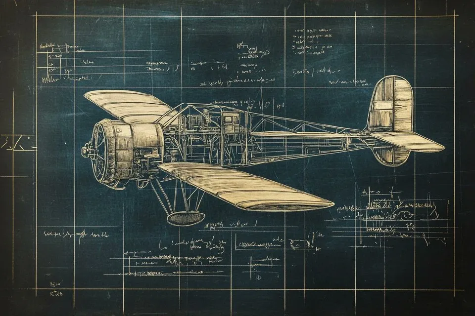 Chalkboard blueprint of a vintage airplane with technical annotations, generated with 通用 / 未注明