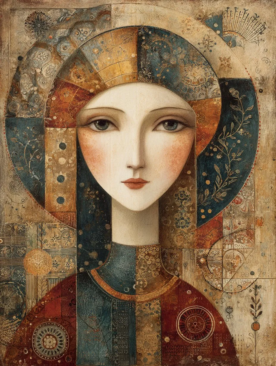 Folk art style female portrait with headscarf and earthy tones, generated with Midjourney
