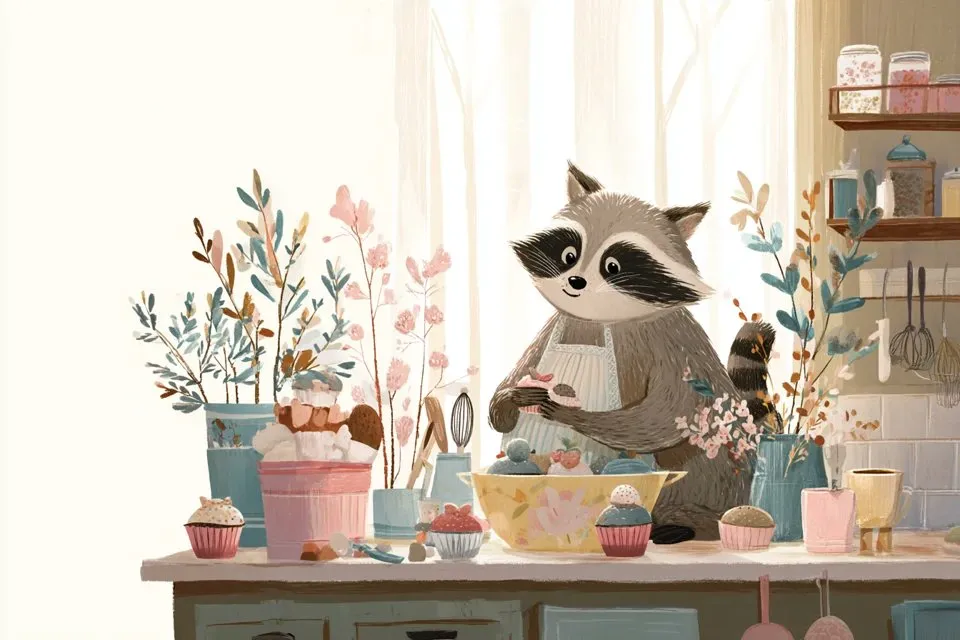 Illustration of a raccoon baking cupcakes in a cozy kitchen, generated with 通用 / 未注明
