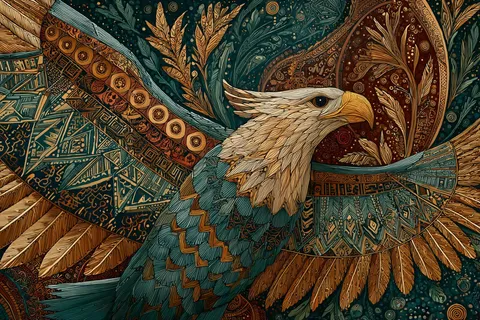 Tribal-style bald eagle in flight with indigenous geometric patterns and earthy tones, generated with 通用 / 未注明