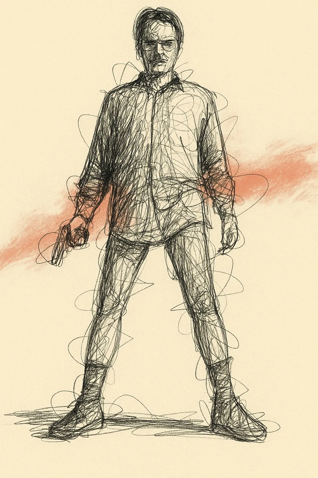 Controlled scribble portrait of a man holding a gun with red shadow, generated with 通用 / 未注明