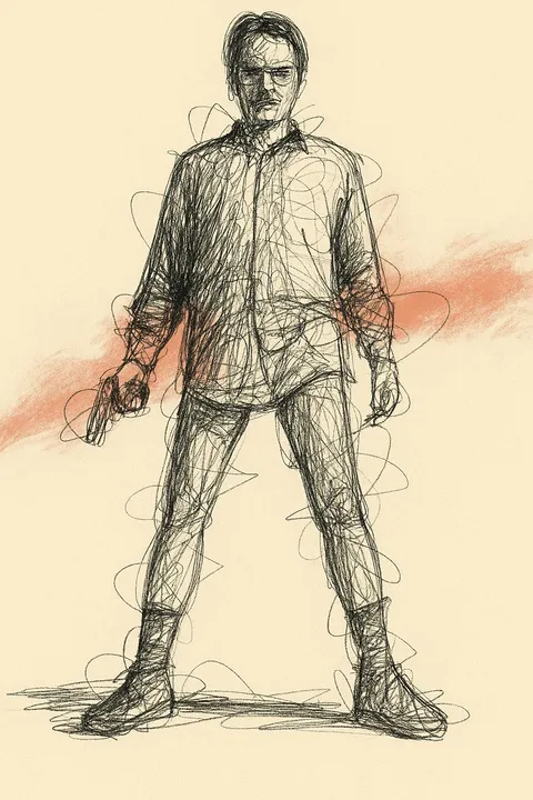 Controlled scribble portrait of a man holding a gun with red shadow, generated with 通用 / 未注明