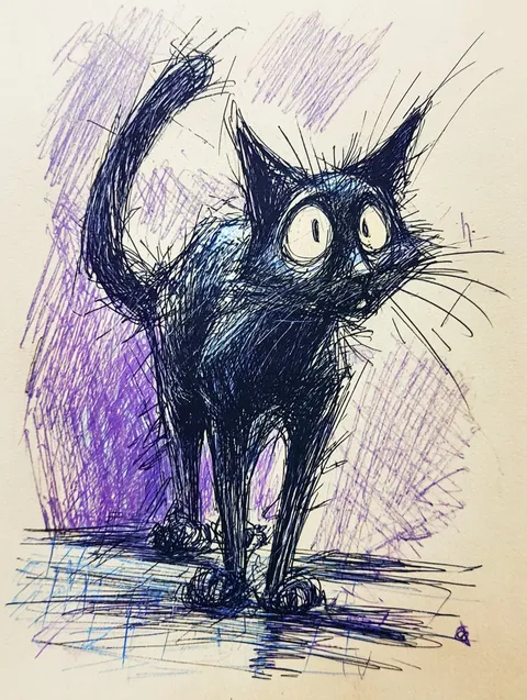Black scribble cat with purple background, AI generated