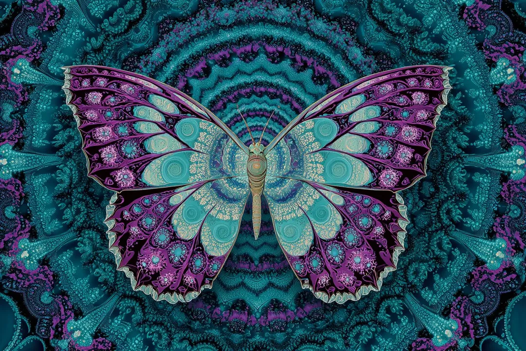 Purple and teal fractal butterfly mandala, generated with 通用 / 未注明