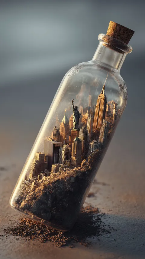 Miniature New York cityscape with Statue of Liberty inside glass bottle, generated with 通用 / 未注明