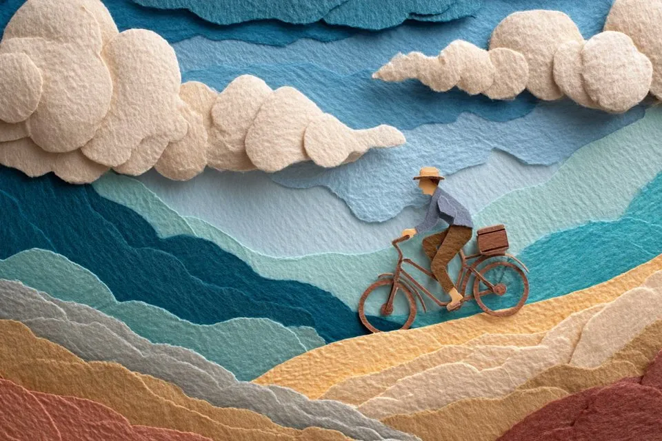 Paper collage of a cyclist riding through layered hills and clouds, generated with 通用 / 未注明