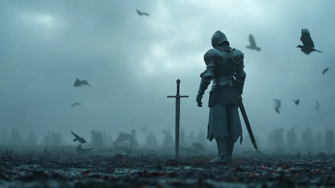 Armored knight standing before a sword on a foggy battlefield with flying crows, generated with 通用 / 未注明