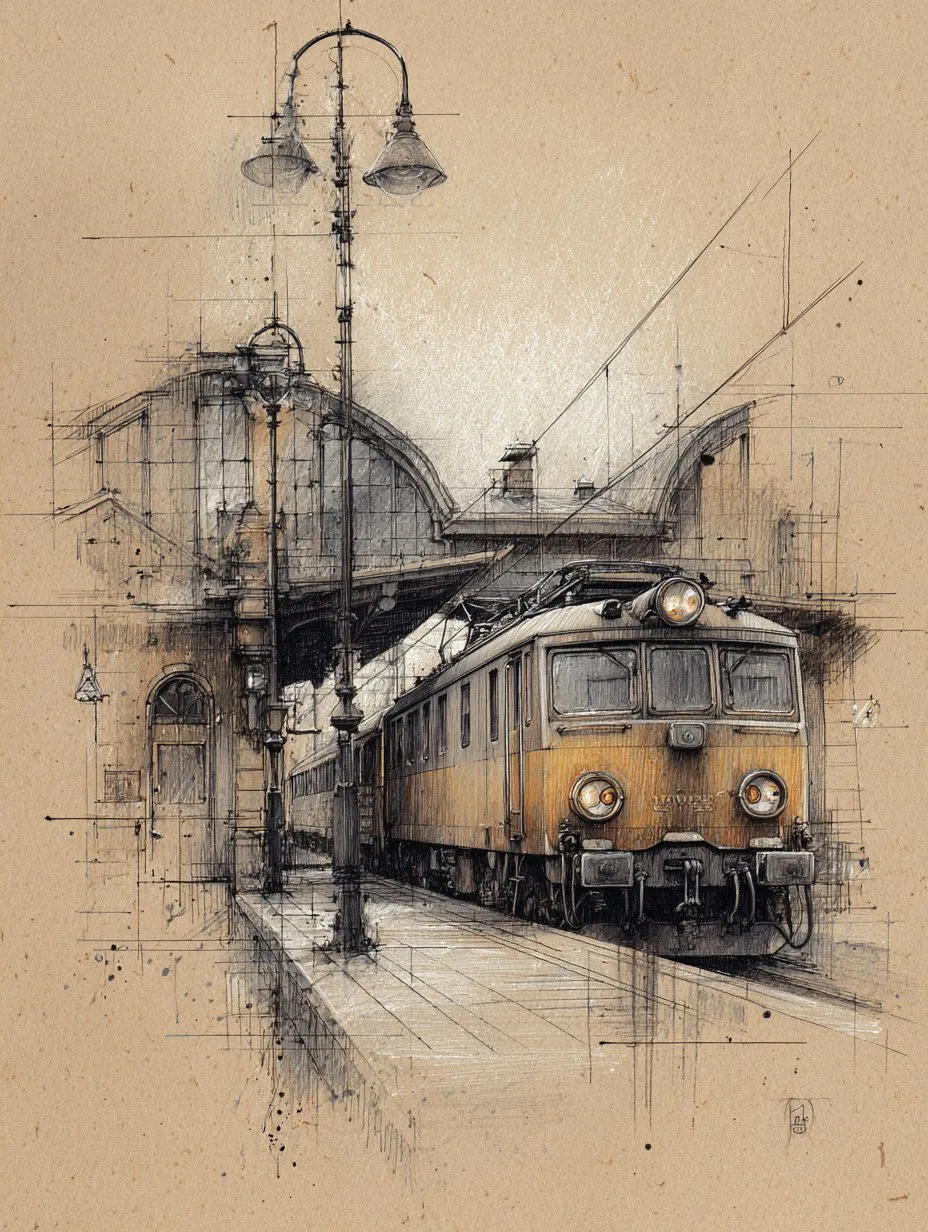 Colored pencil sketch of a train station on kraft paper, generated with Midjourney