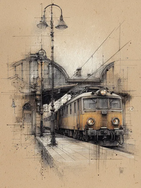 Colored pencil sketch of a train station on kraft paper, generated with Midjourney