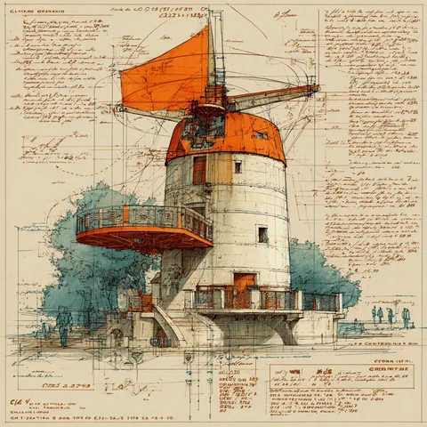 Engineering blueprint of an orange-roofed windmill tower, generated with 通用 / 未注明