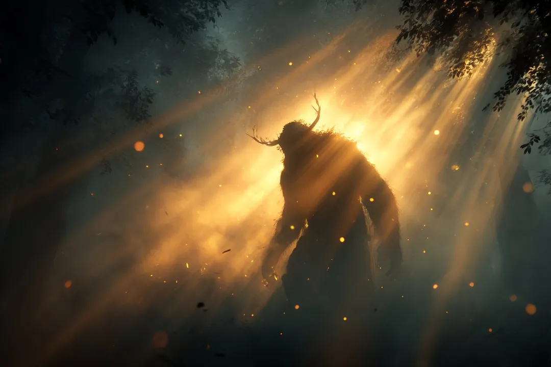 Horned creature silhouette in golden volumetric fog, generated with 通用 / 未注明