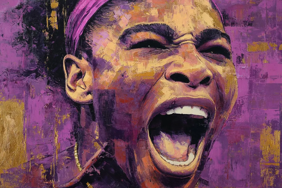 Expressionist female athlete portrait in purple-yellow tones, mouth open in intense shout, generated with 通用 / 未注明