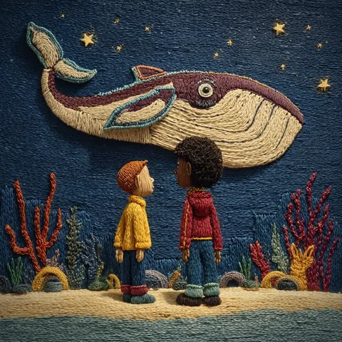Embroidery-style whale swimming under starry night sky with two children looking up, AI generated