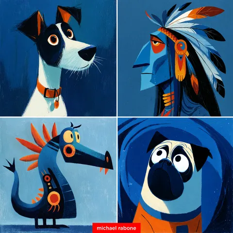 Four-panel cartoon grid: terrier, tribal chief, cyber dragon and space pug, AI generated