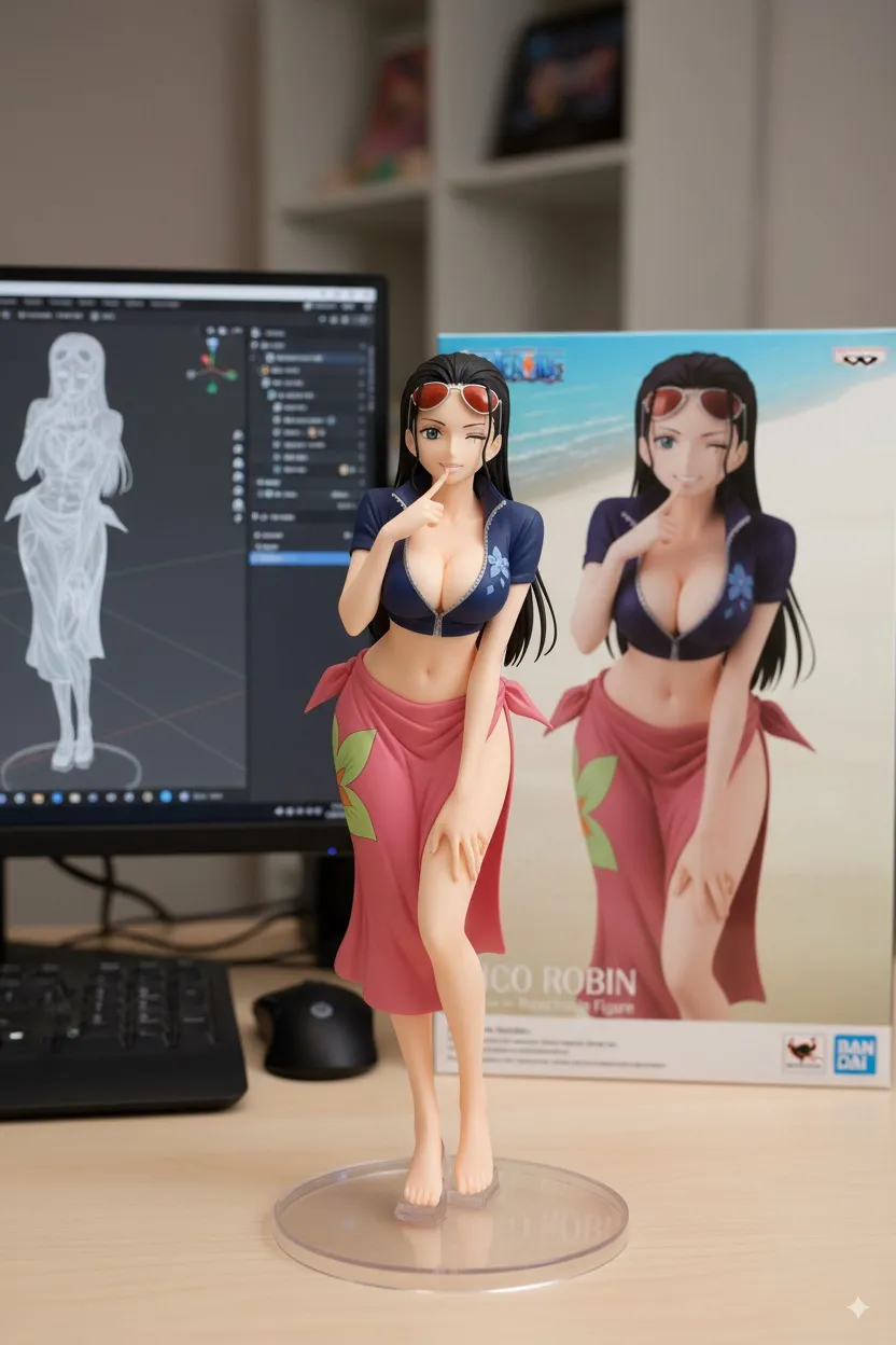 Anime figurine in a crop top and pink skirt beside its box and a modeling screen, AI generated