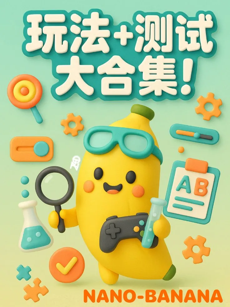Cute yellow banana mascot holding game controller and test tube, surrounded by magnifying glass, flask and gear icons on post