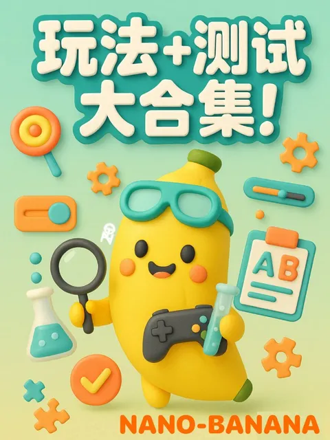 Cute yellow banana mascot holding game controller and test tube, surrounded by magnifying glass, flask and gear icons on post