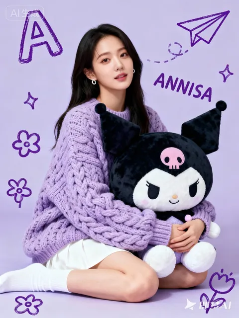 Young woman in lavender sweater hugging Kuromi plush against purple backdrop, generated with 通用 / 未注明