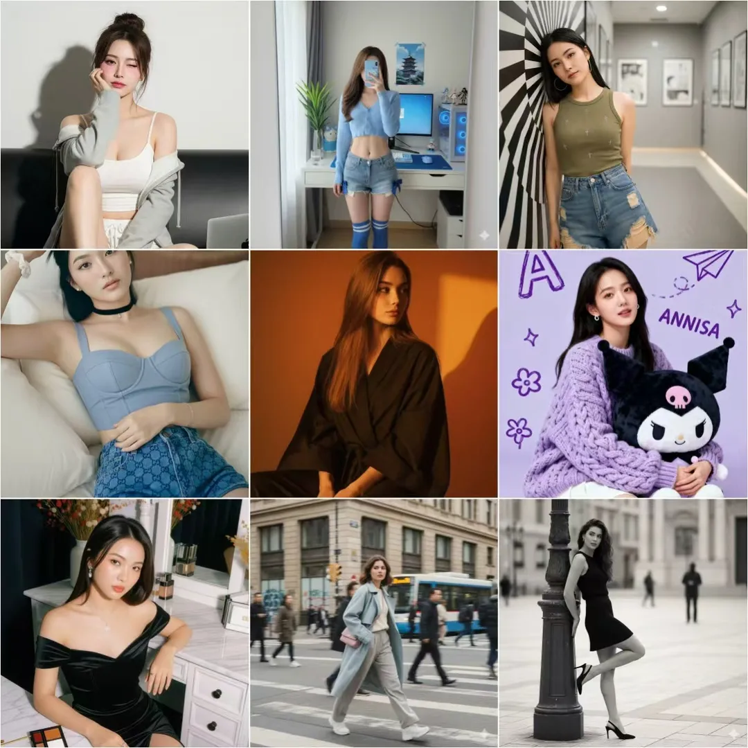 3x3 grid of AI-generated adult female portraits in varied outfits and settings, AI generated