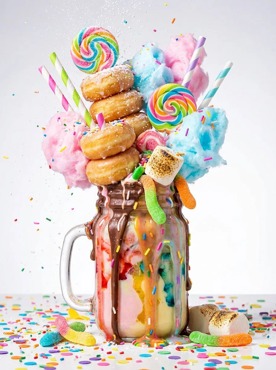 Colorful milkshake in a glass jar topped with donuts, cotton candy and lollipops, AI generated