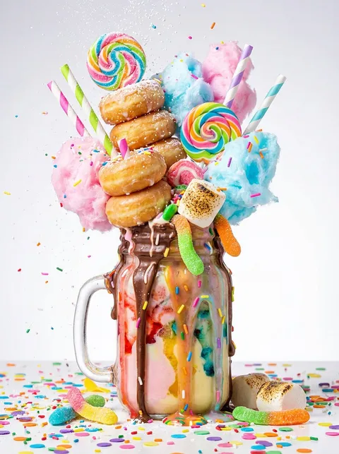 Colorful milkshake in a glass jar topped with donuts, cotton candy and lollipops, AI generated