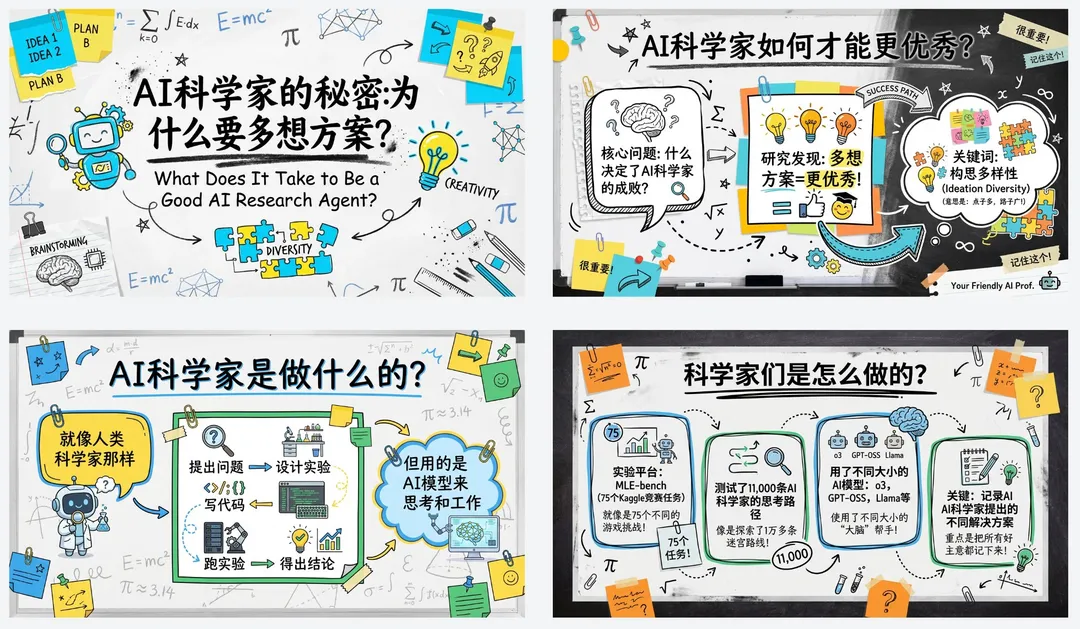 Hand-drawn infographic on AI scientist secrets and research methods, AI generated