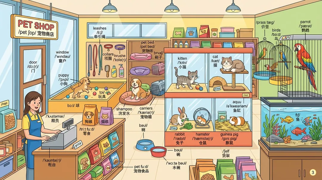 Pet shop interior scene with every object labeled in English, IPA, and Chinese, generated with Nano Banana