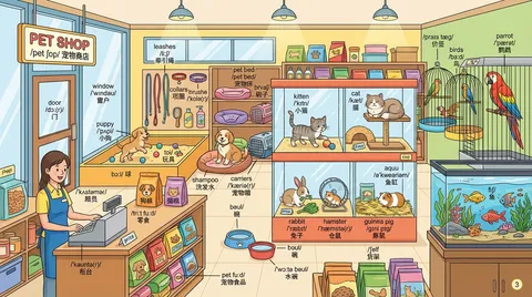 Pet shop interior scene with every object labeled in English, IPA, and Chinese, generated with Nano Banana