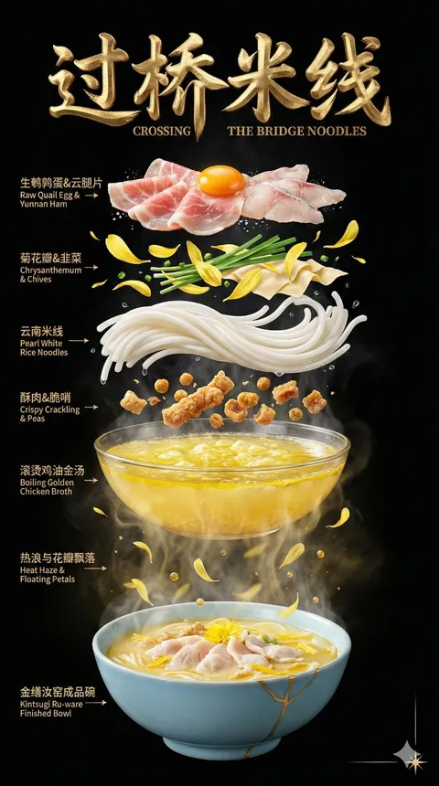 Deconstructed floating ingredients of crossing the bridge noodles, AI generated