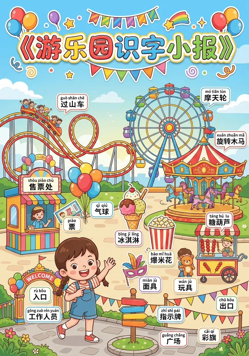 Cartoon amusement-park literacy poster labeling rides and snacks in Chinese with pinyin, AI generated